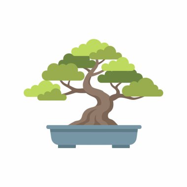 Geleneksel bir Japon bonsai ağacının, kavisli gövdesi ve yeşil yapraklı, mavi bir seramik kaba yerleştirilmiş vektör çizimi. Beyaz arkaplanda izole edilmiş, düz tasarım biçimi.