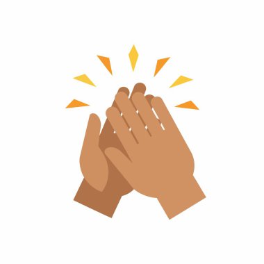 Alkışlayan, alkışı, övgüyü ve kutlamayı sembolize eden düz dizayn ikonu. Biçimlendirilmiş ses efektli temiz beyaz arkaplan üzerinde izole vektör grafiği.