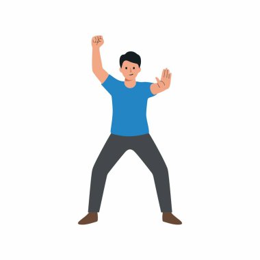 Mavi tişörtlü ve siyah pantolonlu genç bir adamın düz vektör çizimi. Bir yumruğu havada duruyor ve diğer eli de dur işareti yapıyor..