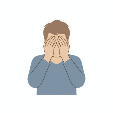 Kahverengi saçlı, mavi gömlekli bir adamın basit bir düz vektör çizimi. Elleriyle gözlerini kapatıyor. Üzüntüsünü, utancını ya da hayal kırıklığını ifade ediyor..