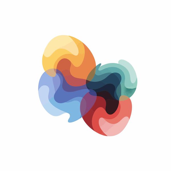 A modern abstract graphic featuring vibrant, fluid, overlapping shapes in yellow, orange, blue, and red. The layered, swirling forms create a sense of depth and motion.