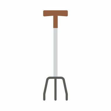 Bir bahçe çatalının düz vektör çizimi. Alet kahverengi T şeklinde bir sap, uzun bir şaft ve bir bahçede toprağı kazmak ve işlemek için üç metal dişe sahip..