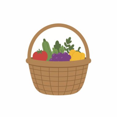 Beyaz arka planda domates, salatalık, üzüm ve sarı biber içeren taze çiftlik ürünleriyle dolu dokuma sepetinin renkli düz vektör çizimi.