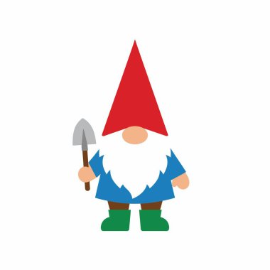 Bir bahçe cücesinin büyüleyici düz vektör çizimi. Karakterin büyük beyaz sakalı, sivri kırmızı şapkası, mavi paltosu, yeşil çizmeleri ve beyaz arka planda küçük bir küreği vardır..