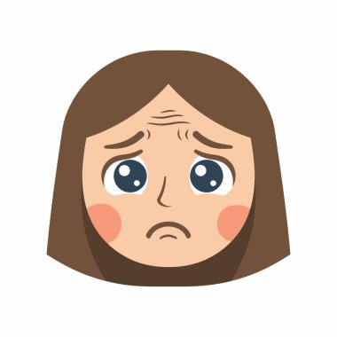 Üzgün, endişeli ve endişeli bir ifadeye sahip bir kadın yüzünün düz vektör simgesi. Kahverengi saçlı, kaşları çatık ve alnında kırışıklıklar var..