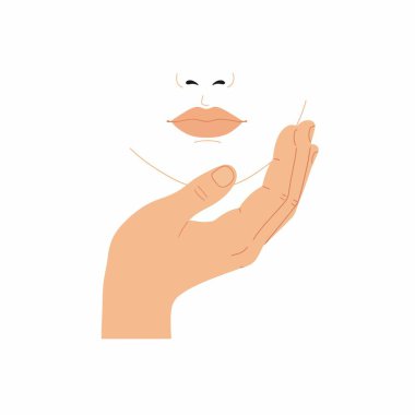 Bir kadının yüzünü nazikçe tutan bir elin vektör çizimi. Güzellik, cilt bakımı, kaplıca ve sağlık kavramları için minimalist tasarım. Beyaz bir arkaplanda izole edilmiş.