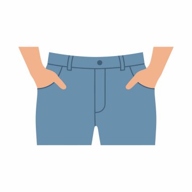 Mavi kot pantolonlarının ön ceplerinde bir insanın ellerini gösteren düz bir vektör çizimi. Beyaz bir arkaplanda izole edilmiş.
