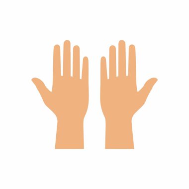 Temiz ve basit bir grafik bir çift insan elini gösteriyor, sol ve sağ, açık avuç içleri ve yayılmış parmakları. Beyaz bir arka planda izole edilmiş. Düz tasarım biçimi.
