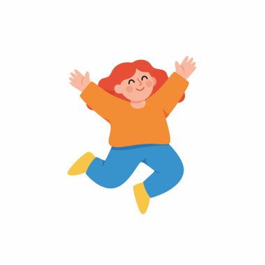 Kızıl saçlı ve mutlu yüzüyle havaya zıplayan sevimli ve neşeli bir genç kız. Turuncu süveterli ve mavi pantolonlu beyaz arka planda izole edilmiş bir çocuğun düz vektör çizimi.