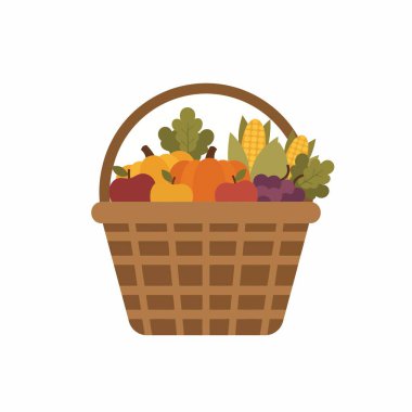 Hasat bereketli sonbahar hasadıyla dolu bir hasat sepeti renkli düz vektör çizimi. Mısır, üzüm, elma ve balkabağı dahil. Beyaz bir arkaplanda izole edilmiş.