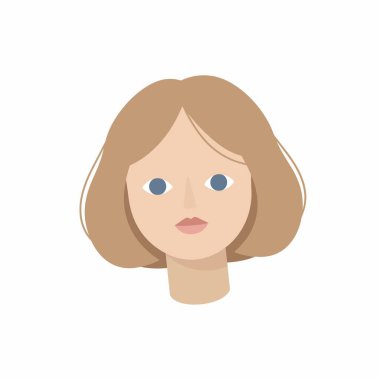 Genç bir kadının kafasının basit ve sevimli bir çizimi. Açık kahverengi saçlı, kısa saçlı, mavi gözlü ve tarafsız bir ifadesi var. Beyaz bir arkaplanda izole edilmiş.