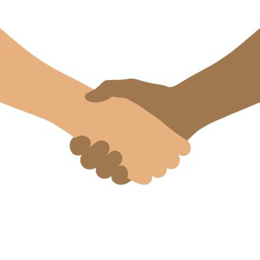 Farklı ten renklerine sahip iki birey arasındaki el sıkışmanın vektör çizimi birliği, çeşitliliği, anlaşmayı ve ırk uyumunu sembolize ediyor. Beyaz bir arkaplanda izole edilmiş.