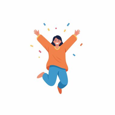 Gündelik giysiler içinde neşeli bir kadın kolları havada heyecanla zıplıyor. Etrafına renkli bir konfeti düşer. Kutlamayı, başarıyı ve mutluluğu simgeler. Düz vektör illüstrasyonu.