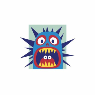 Büyük gözlü, büyük ağızlı, küçük kırmızı bir canavarı yutan sivri mavi bir canavarın garip bir temsili. Beyaz arkaplanda düz tasarım karakteri.