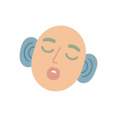 Bir kişinin kafasının basit, düz bir çizimi. Karakterin kapalı gözleri, açık bir ağzı ve belirgin mavi kulakları vardır. Bu da sakin ya da derin bir dinleme durumu olduğunu gösterir..