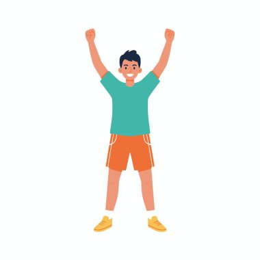 Elleri havada, tezahürat yapan, gündelik giysiler içinde mutlu bir gencin vektör çizimi. İzole bir karakter beyaz bir arkaplanda bir galibiyeti veya başarıyı kutluyor.