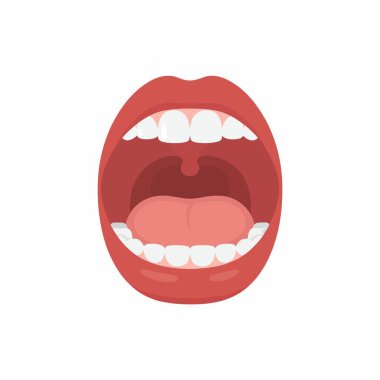 Basit bir düz vektör grafiği bir insanın ağzı sonuna kadar açık, sağlıklı beyaz dişler, pembe bir dil ve uvula ortaya çıkarıyor. Kolay kullanım için beyaz bir arkaplanda izole.