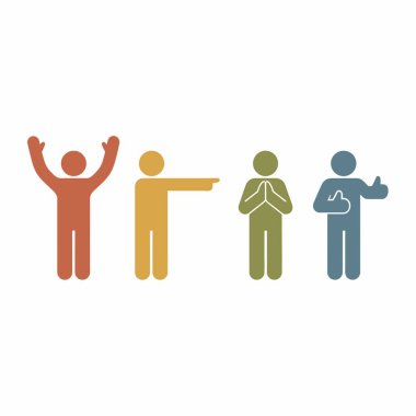 Beyaz arka planda dört renkli insan simgesinden oluşan bir derleme. Her biri farklı bir duruş sergiliyor. Buna dua etmek ve baş parmak işareti vermek de dahil..