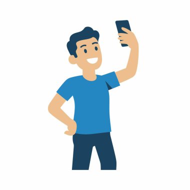 Mavi tişörtlü, elinde akıllı telefon olan gülümseyen bir gencin selfie çektiği karikatür çizimi. Beyaz arkaplanda izole edilmiş vektör karakteri.