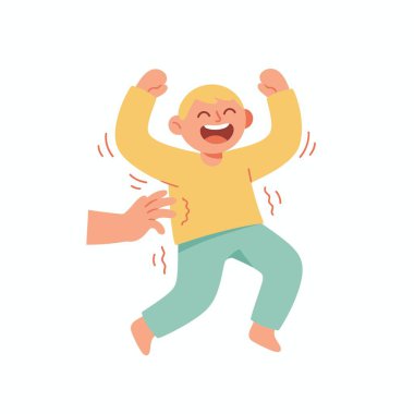 Sarı saçlı, gülen ve zıplayan mutlu bir çocuğun düz vektör çizimi. Bir el yanlarını gıdıklarken. Sahne neşeyi, oyunculuğu ve çocukluk eğlencesini tasvir ediyor..