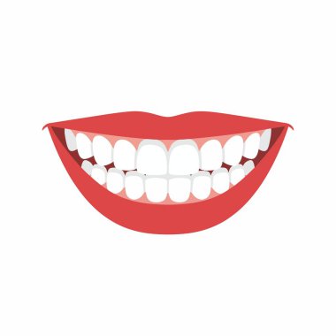 Sağlıklı, düz ve beyaz dişli, geniş, güzel bir gülümsemenin vektör çizimi. Diş bakımı ve ağız temizliği kavramı beyaz arka planda izole edilmiştir..