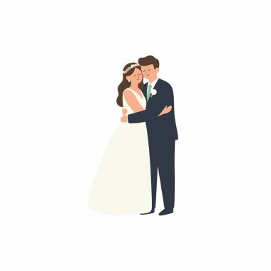 Yeni evli bir çiftin güzel bir resmi, beyaz elbiseli gelin ve takım elbiseli damat, şefkatle sarılıyorlar. Beyaz bir arkaplanda izole edilmiş.