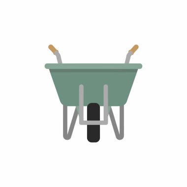 Önden görülen yeşil bahçe el arabasının düz stil vektör simgesi. Bahçe ve inşaat araçlarının bu basit çizimi beyaz bir arkaplanda izole edilmiştir..