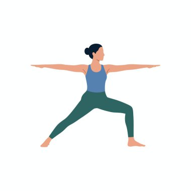 Siyah saçlı bir kadın Virabhadrasana II ya da Warrior 2 yoga asanası yapıyor. Zindelik ve sağIık kavramları için beyaz bir arkaplan üzerinde izole edilmiş düz vektör çizimi.