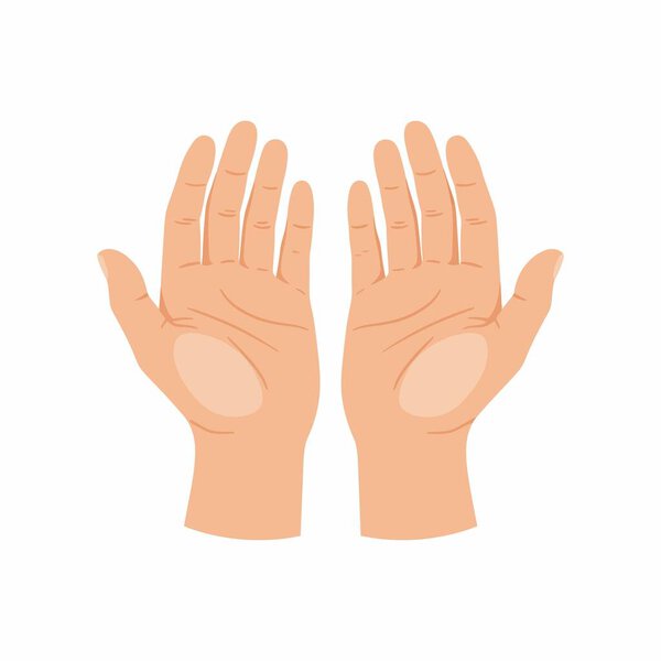A flat vector illustration of two human hands with palms facing upwards. This gesture can represent prayer, supplication, charity, begging, or an act of receiving.