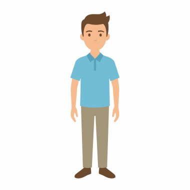 Kahverengi saçlı, sıradan mavi polo tişörtlü ve bej pantolonlu genç bir adamın düz vektör çizimi. Karakter beyaz bir arka planda duruyor ve izole edilmiş..