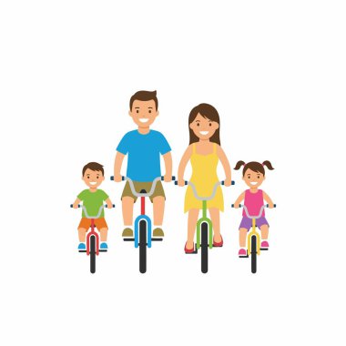 Dört kişilik neşeli bir aile. Aralarında bir anne, baba, oğul ve kız da var. Bisiklet sürmekten keyif alıyorlar. Düz tasarım vektör çizimi beyaz arkaplanda izole edildi.