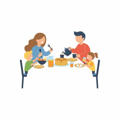 Bir masada oturup kahvaltı yapan anne, baba, oğul ve kızın düz vektör çizimi. Aile, mutlu bir ev sahnesinde krep ve meyve suyunun tadını çıkarıyor..