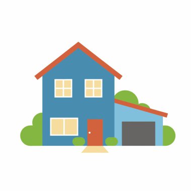 İki katlı bir evin düz dizayn vektör çizimi. Kırmızı çatılı mavi ev, beyaz arka planda izole edilmiş basit yeşil çalılarla çevrilidir..