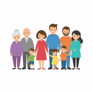 Büyük ebeveynler, ebeveynler ve çocuklardan oluşan çok nesilli bir ailenin renkli düz vektör çizimi. Beyaz bir arkaplanda izole edilmiş mutlu bir grup portresi.