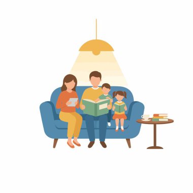 Bir anne, baba, oğul ve kız, mavi bir kanepede oturup kitap okuyorlar. Üzerlerinde sıcak bir lamba parlıyor, aile için rahat bir atmosfer yaratıyor ve evde öğrenim görüyor..