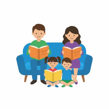 Dört kişilik gülümseyen bir aile, anne, baba, oğul ve kız, birlikte kitap okumayı severler. Çocuklar yerde yatarken ebeveynler mavi bir kanepede oturur. Beyaz arkaplanda izole edilmiş vektör illüstrasyonu.