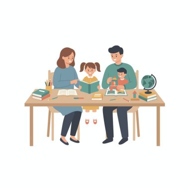 Bir anne ve baba, kızlarına ve oğullarına ev ödevlerinde yardım eder. Aile, kitaplar, kalemler ve evde eğitim ve ebeveynlik desteğini gösteren bir kürenin olduğu bir masada oturuyor..