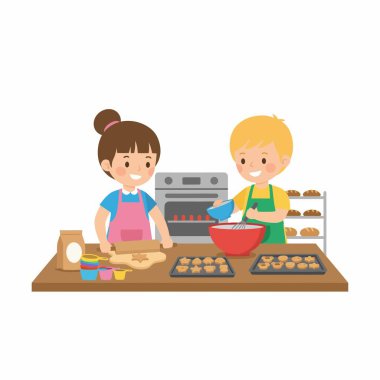 Genç bir erkek ve kızın mutlu bir şekilde pişirdiği karikatür vektör çizimi. Hamuru karıştırıyorlar ve arkalarında fırın olan bir masada kurabiye hazırlıyorlar..