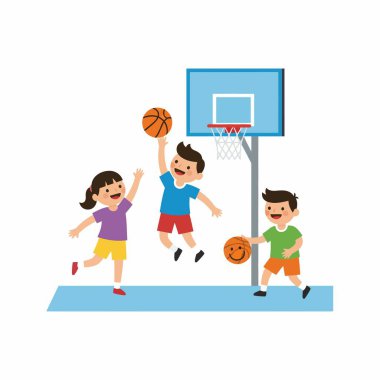 Üç mutlu çocuğun vektör çizimi, iki erkek ve bir kız, açık hava sahasında basketbol oynuyor. Arkadaşları izlerken bir çocuk basket atmak için zıplıyor..