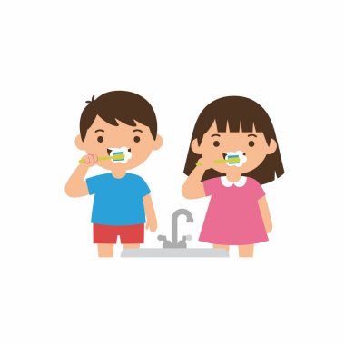 Güzel bir kız ve oğlanın ağız hijyeni uygulamasının temsilcisi. Mutlu kardeşler dişlerini lavabonun üzerinde fırçalıyorlar. Çocukların diş sağlığını yükseltiyorlar..