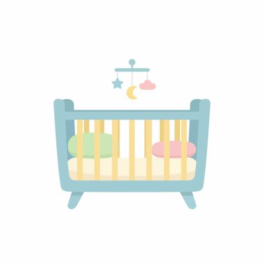 Mavi bir bebek beşiği ya da karyolası, minder, yastık ve yıldız, ay ve bulutlu asılı bir mobil. Beyaz bir arkaplanda izole edilmiş.