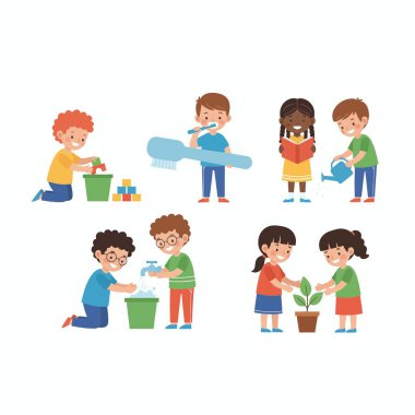 Günlük rutinleri olan bir grup çocuk. Çocuklar oyuncakları temizler, dişlerini fırçalarlar, ellerini yıkarlar ve ekerler. Beyaz arkaplanda izole edilmiş çizgi film karakterleri.