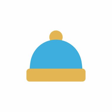 Mavi ve sarı bir kış şapkasının basit bir düz tasarım ikonu. Bu kalın başlığın üzerinde katlanmış bir manşet ve beyaz bir arka planda izole edilmiş bir ponpon var..