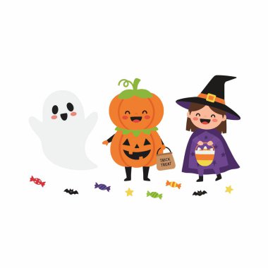 Cadılar Bayramı 'nda sevimli karakterlerin oluşturduğu bir grup. Dost canlısı bir hayalet, balkabağı kostümlü bir çocuk ve şekerle şeker toplamaya hazır küçük bir cadı..