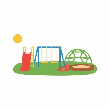 Güneşli bir günde bir çocuk oyun alanının düz vektör çizimi. Sahnede kırmızı bir kaydırak, mavi bir salıncak, yeşil bir tırmanma kubbesi, bir kum havuzu ve yeşil bir çimenlikte bir tahterevalli yer alıyor..