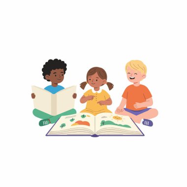 Üç çok kültürlü çocuğun vektör çizimi, bir oğlan ve iki kız, oturup ilginç resim kitapları okuyorlar. Eğitim, öğrenme ve arkadaşlık kavramı.
