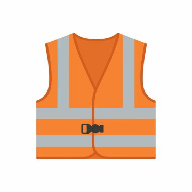 Turuncu, yüksek görünürlüklü güvenlik yeleğinin düz vektör çizimi. Yelek, işçi koruması ve yol güvenliği için gri yansıtıcı bant ve siyah toka içeriyor..