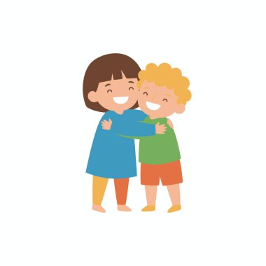 Küçük bir kızla bir oğlanın kucaklaşmasının sevimli bir vektör çizimi. Çocuklar mutlu bir şekilde gülümsüyor, dostluk ve şefkat gösteriyorlar. Beyaz bir arkaplanda izole edilmiş.
