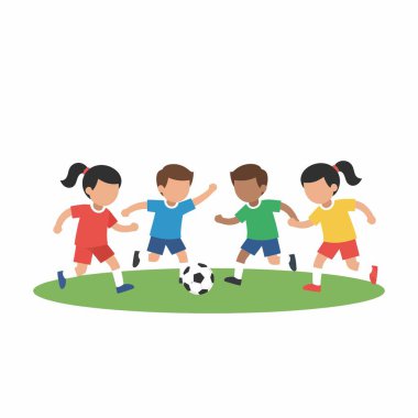 Dört çok kültürlü çocuğun, iki erkek ve iki kızın, yeşil bir çimenlikte, beyaz bir arka planda, mutlu bir şekilde futbol oynamalarının düz vektör çizimi..