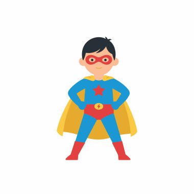 Süper kahraman gibi giyinmiş genç bir çocuğun düz vektör çizimi. Mavi bir takım elbise, kırmızı bir maske ve sarı bir pelerin giyiyor. Beyaz arka planda kahramanca bir duruş sergiliyor..